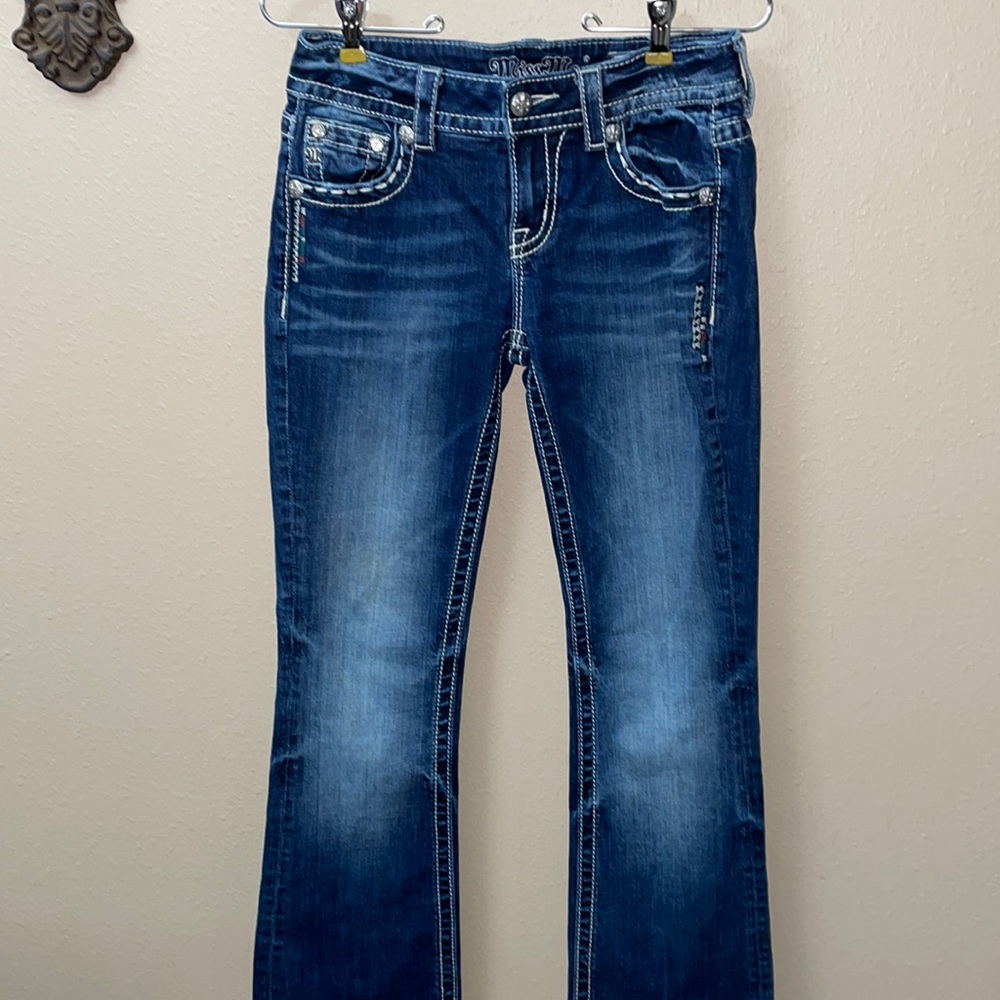Miss Me, embellished boot cut jeans. Size 26, mid-rise.